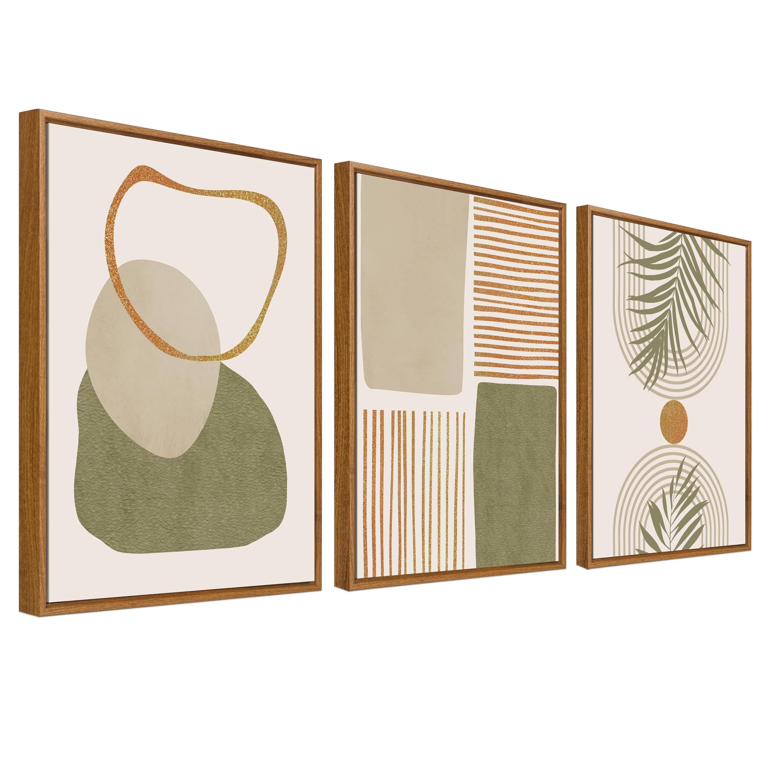Framed Canvas Wall Art Set of 3 Sage Green Painting Prints for Wall Abstract Minimalist Geometric Line Poster Beige Orange Bohemian Pictures for Living Room Bedroom 40x60cm x3pcs (No Acrylic Glass) โ image 1