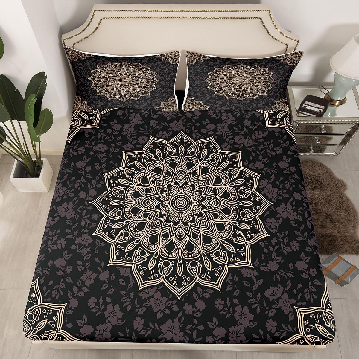 Erosebridal Boho Floral Bed Sheets Full Geometric Sheet Set, Hippie Mandala Soft Lightweight Bedding Set, Art Deco Medallion Fitted Sheet with Deep Pocket