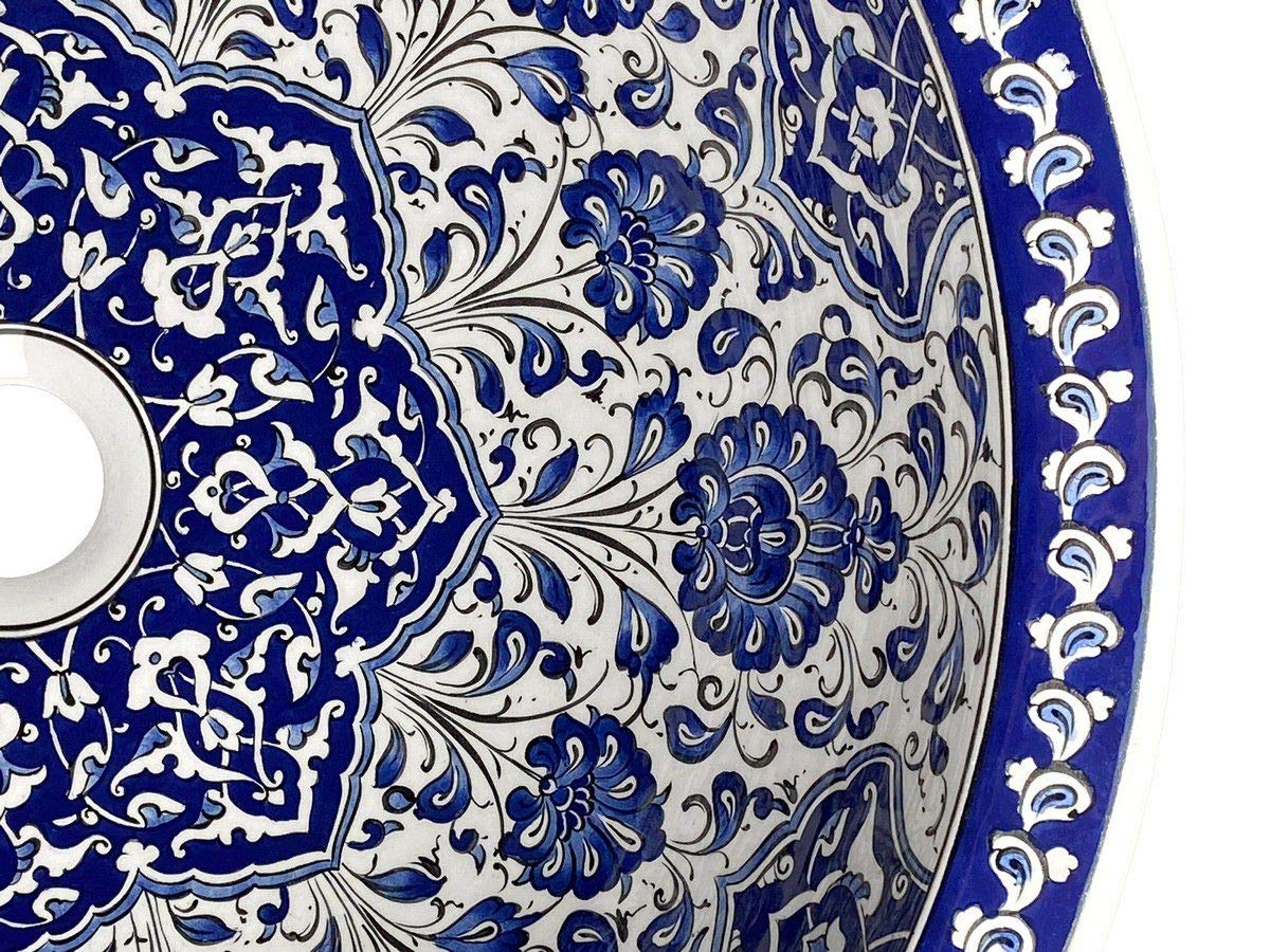 Cerames Lavabo de cerámica Iznik Gece - Lavabo turco moderno de cerámica para cuarto de baño, aseo, aseo de invitados, restaurante y hotel | Lavamanos sobre encimera y empotrado redondo 48 x 13 cm