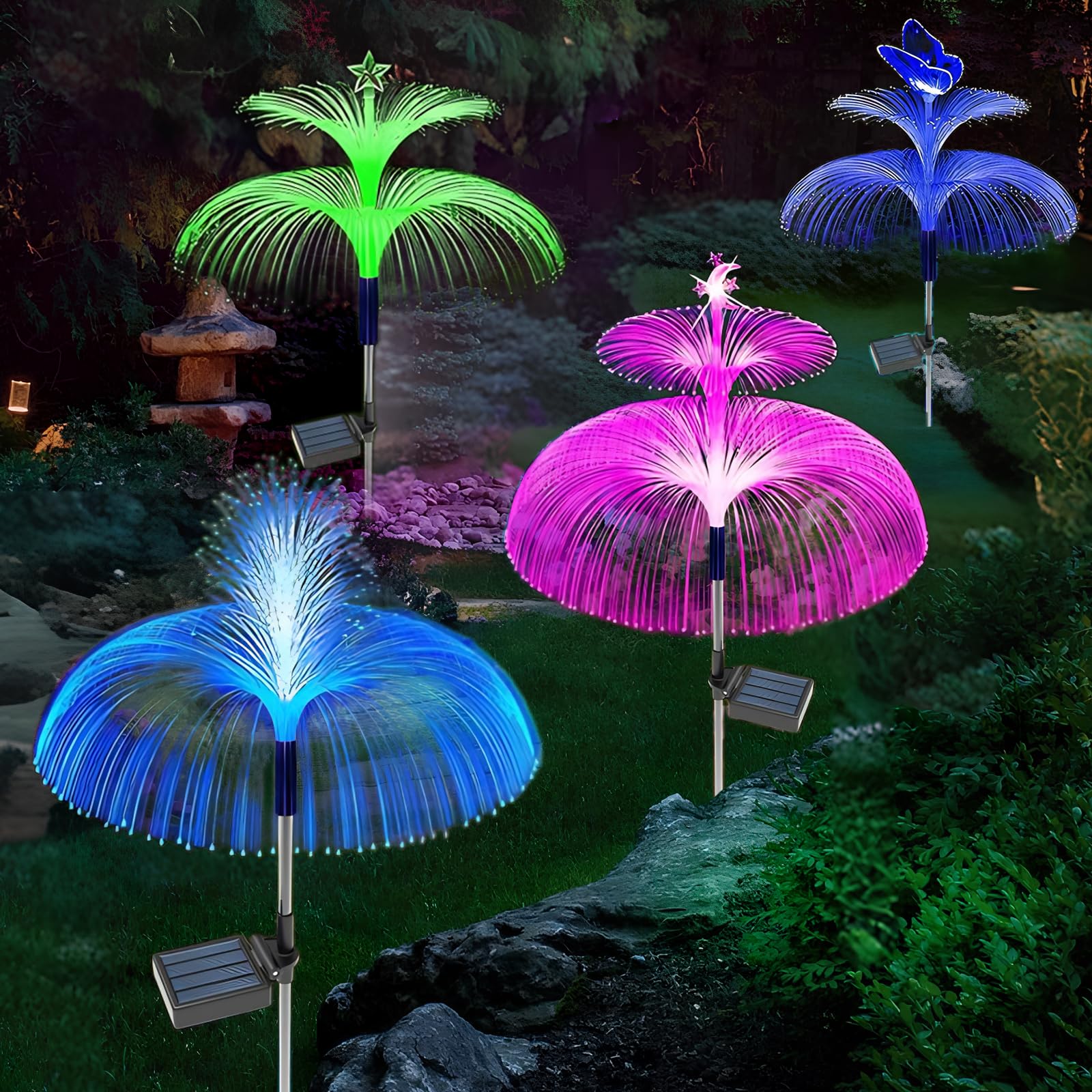 Gresonic 4 Pack Solar Lights Outdoor Garden, 7 Colour Changing Multi-Coloured Jellyfish Solar Pathway Lights Waterproof for Outside Yard, Lawn, Wedding, Party, Patio, Gazebo(Star+Moon+Butterfly+Reed)