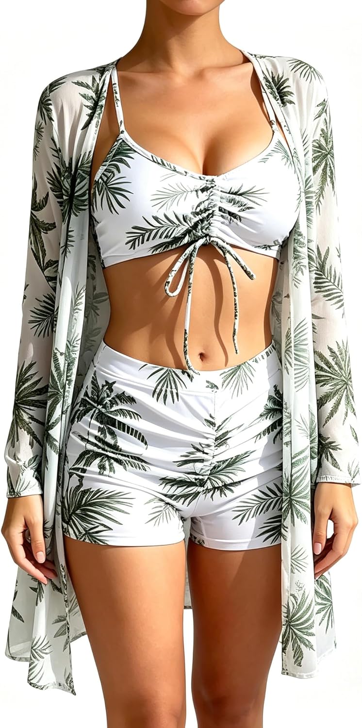 Womens 3 Piece Bikini Set with Cover Up, Tropical Print High Waist Boy Shorts Swimsuit,Drawstring Bathing Suit for Beach