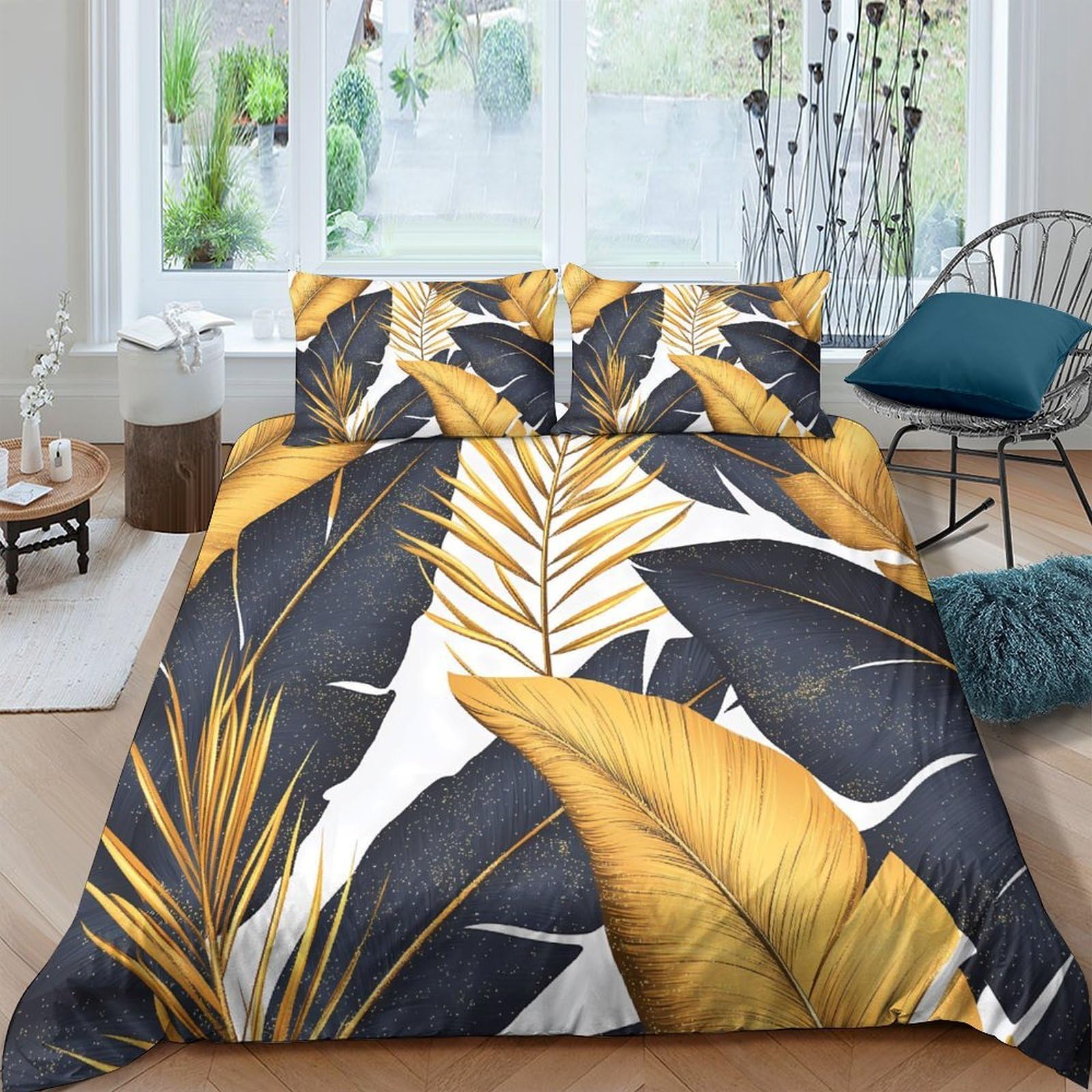 GPLZQXKJNH 3D Printed Tropical Leaf Duvet Cover Microfiber Soft Breathable Abstract Golden Bedding Set with 2 Pillowcases for Bedroom Decor Single（135x200cm）