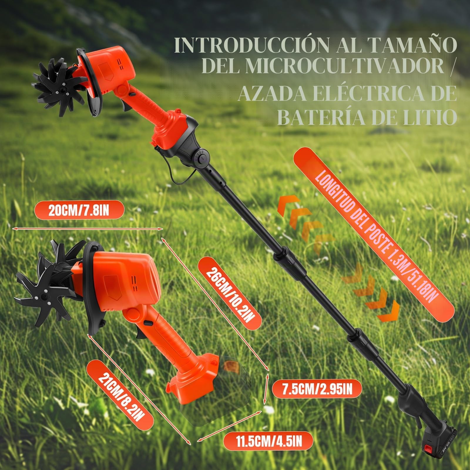 Cultivador de Mano a Batería para Makita 18V (sin Batería) (Barra 1,3 m) | 550W, Rotavator de Jardín, Profundidad de Fresado 10 cm, Ancho 10 cm, Azada