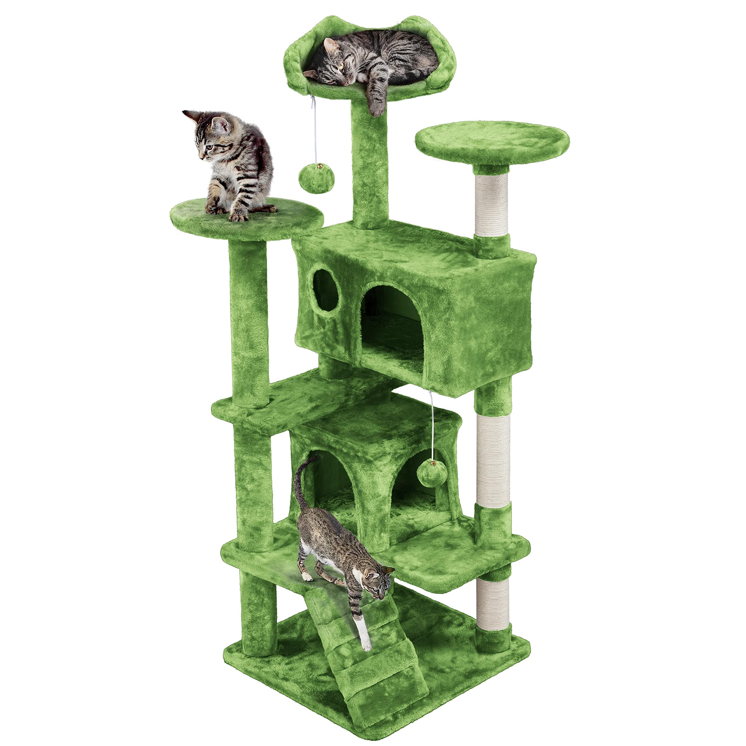 costoffs 137cm Cat Tree Tower with Scratching Posts 3 Perches Ladder and 2 Condos for Indoor Cats, Green