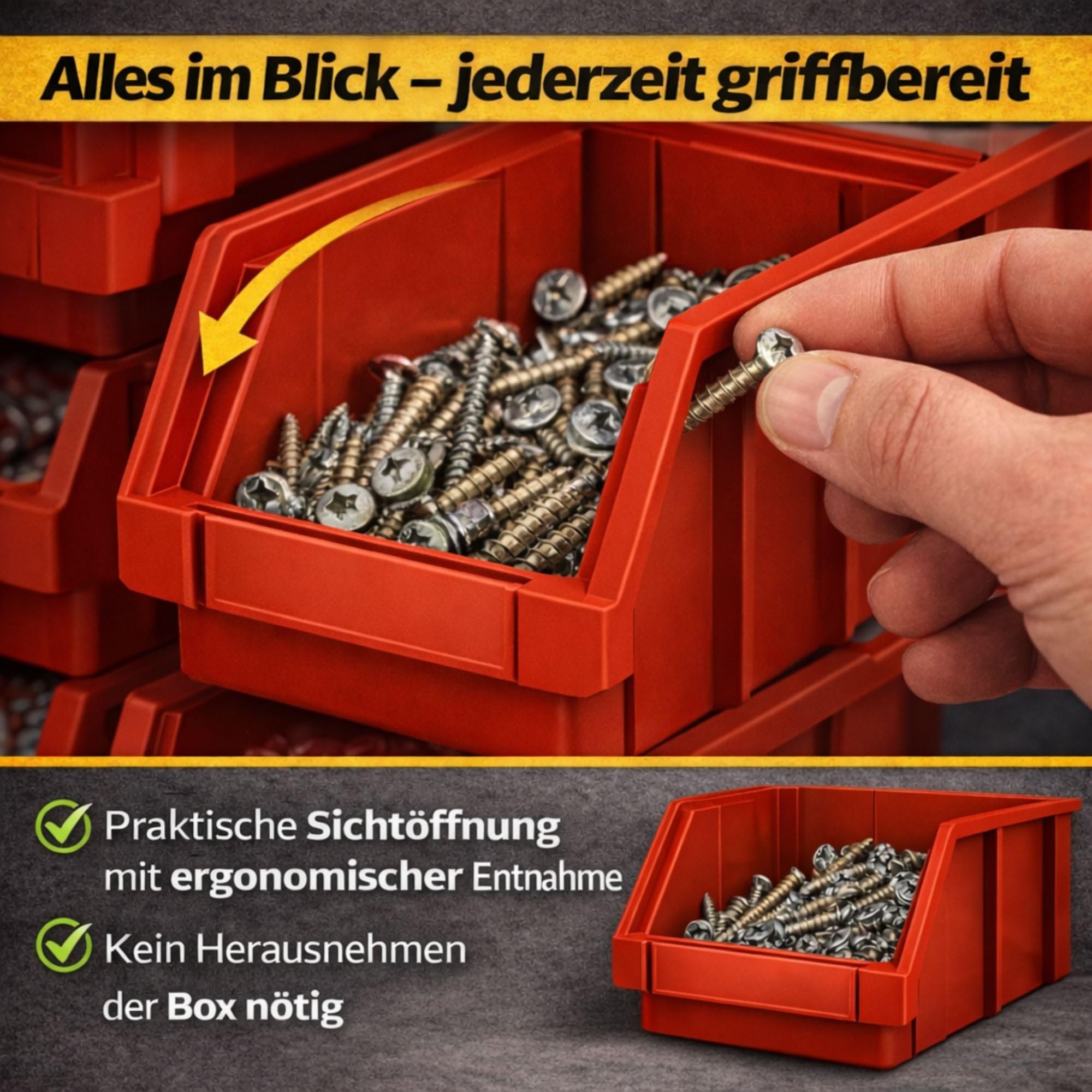RODOPI 36er Set Stapelboxen, Größe S | Sichtlagerkästen 161x105x75mm | Robuste Lagerboxen für Werkstatt, Garage, Keller | Aufbewahrungsboxen für Kleinteile Rot