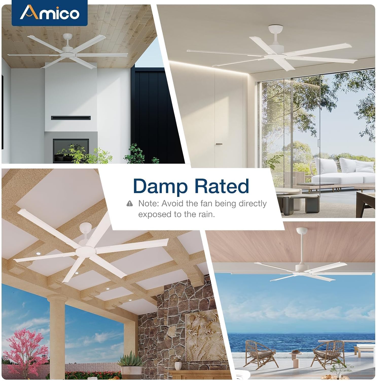 Amico 84 Inch Industrial Ceiling Fans Without Lights, Indoor/Outdoor Ceiling Fan with Remote Control, Reversible, 6 Blades, Noiseless, White Ceiling Fan for Patio, Porch, Garage, Shop, Farmhouse