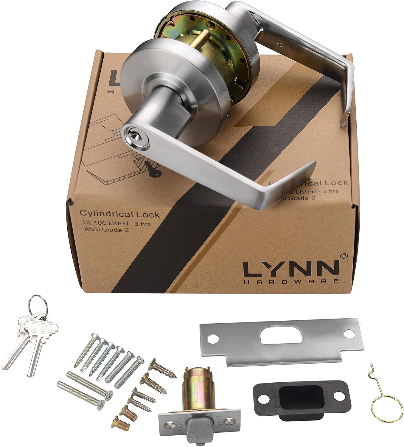 LYNN HARDWARE - Storeroom - Commercial Door Lock - Heavy-Duty Designer Handles for Doors - Durable Grade 2 Indoor Locks for Doors - Cylindrical Door Handle Lock - ADA Compliant - Satin Chrome