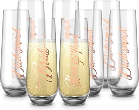 Kook Stemless Champagne Flutes, Bridal Edition, Set of 8, Clear
