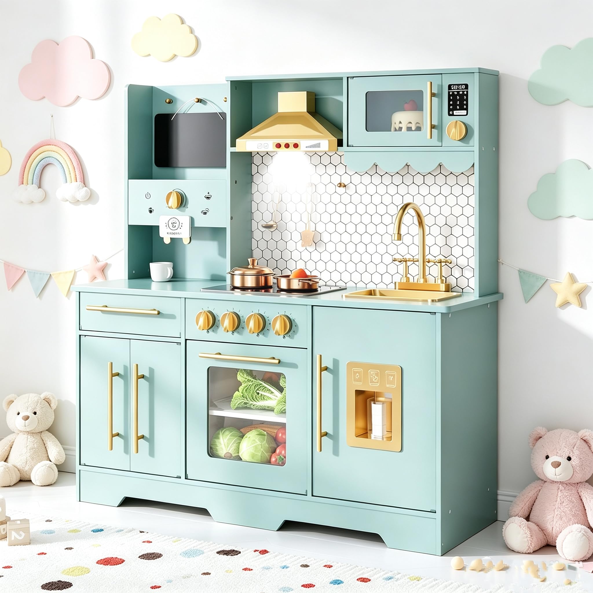 Cucina Giocattolo Per Bambini, Cucina Di Gioco Con Suoni, Fornelli, Rubinetto, Lavello, Microonde, Orologio, Macchina Per Il Ghiaccio e Accessori Da Cucina, Cucina Di Gioco in Legno Per Bambini Dai 3