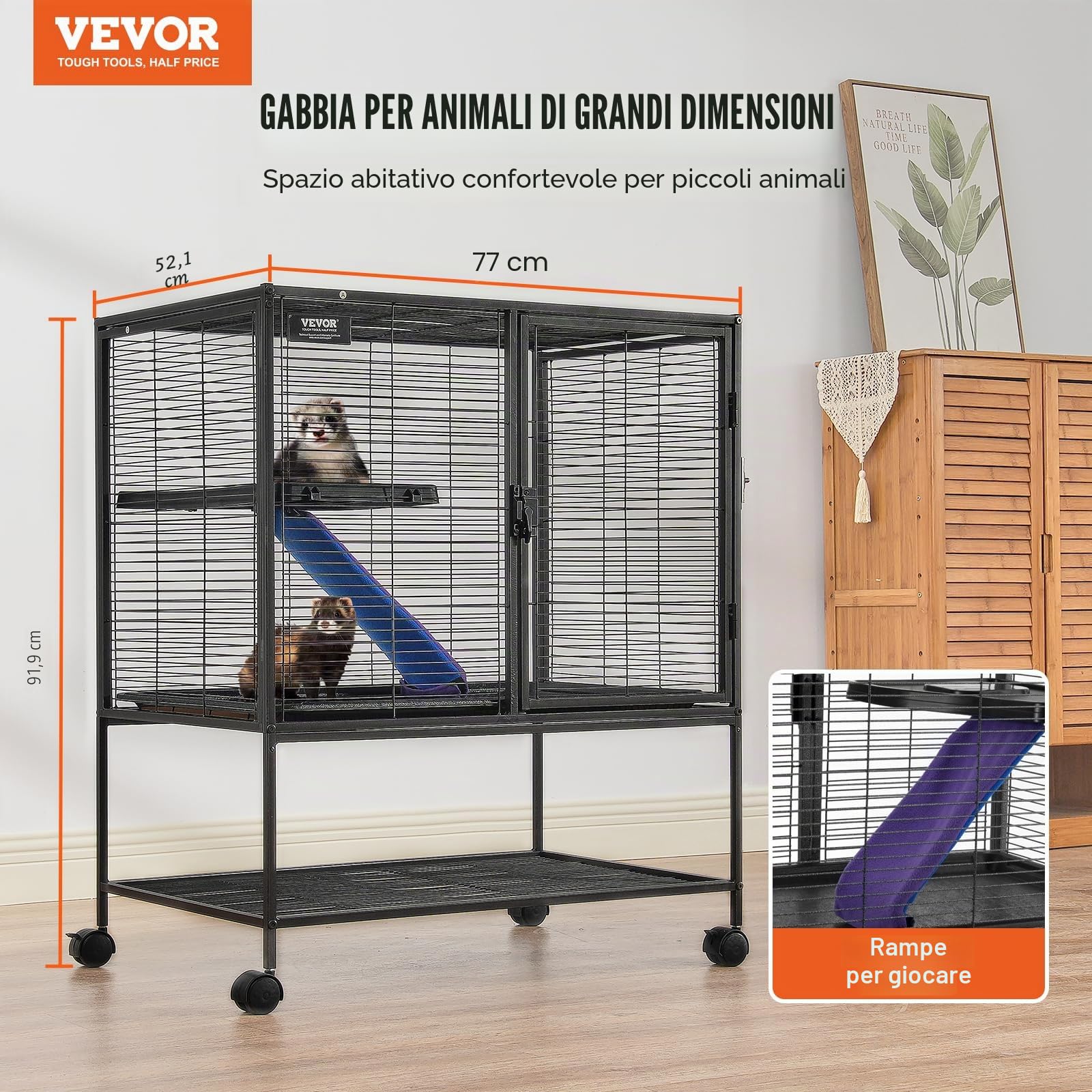 VEVOR Gabbia per Animali in Metallo Rotelle 920 mm, Grande Gabbia a 2 Livelli, Facile Installare Gabbia per Animali con Rampe e Vassoio, Ruote Bloccabili, Ampio Ripiano di Stoccaggio