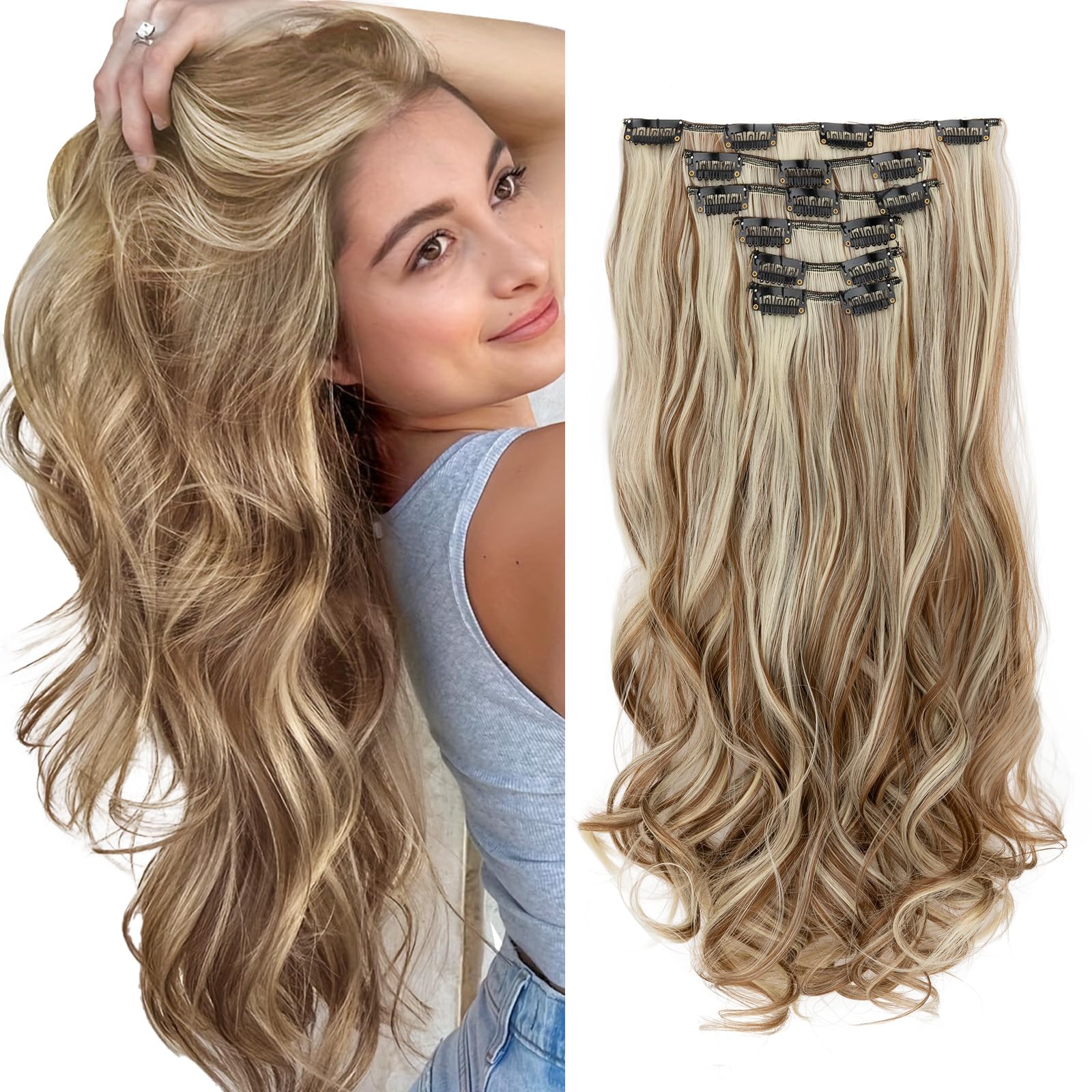 TESS Blonde Curly Hair Extensions Clip in 22 Inch 6PCS 16 Clips Heat Resistant Synthetic Wig Tangle-Free Double Weft Hair Pieces for Women UK 150g #6H613 Balayage Light Brown & Bleached Blonde