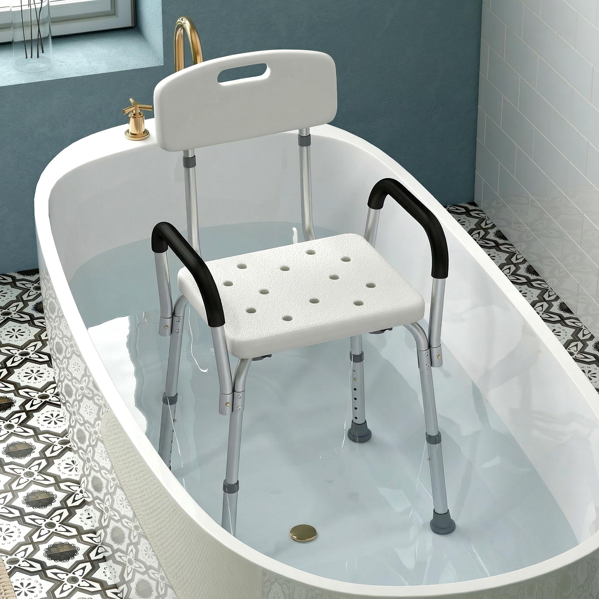 HOMCOM Sedia Doccia con Schienale, Braccioli, Altezza Regolabile, Sgabello Doccia con Piedini Antiscivolo, Montaggio Senza Attrezzi, Sedile per Anziani e Disabili, Interno, Bianco