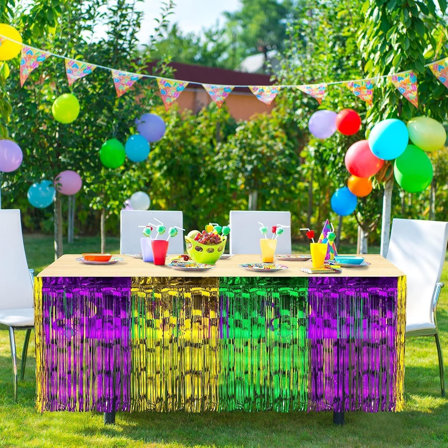 ADXCO 2 Pack Mardi Gras Metallic Foil Fringe Table Skirt Disposable Tinsel Table Skirt Banner Garland for Rectangle Round Tables, Mardi Gras Decoration, Gold Green Purple