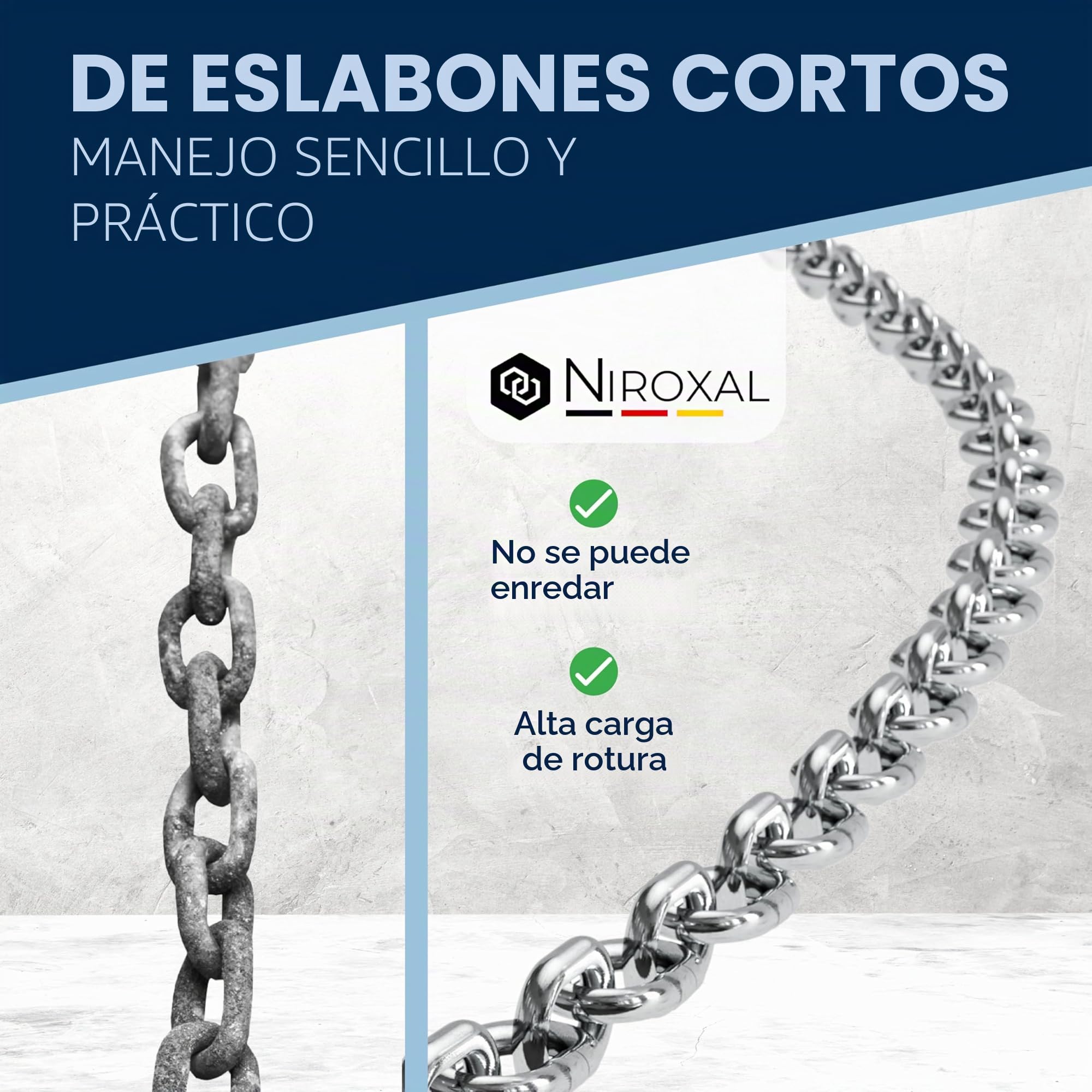 Cadena de acero inoxidable A4 de eslabón corto DIN 766 / DIN 5685 – 3mm x 1m – 1 unidad – para suspensiones pesadas