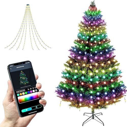 Guirnalda de luces para árbol de Navidad con anillo inteligente, 160 luces LED en cascada IP65, impermeables, multimodos con control remoto que