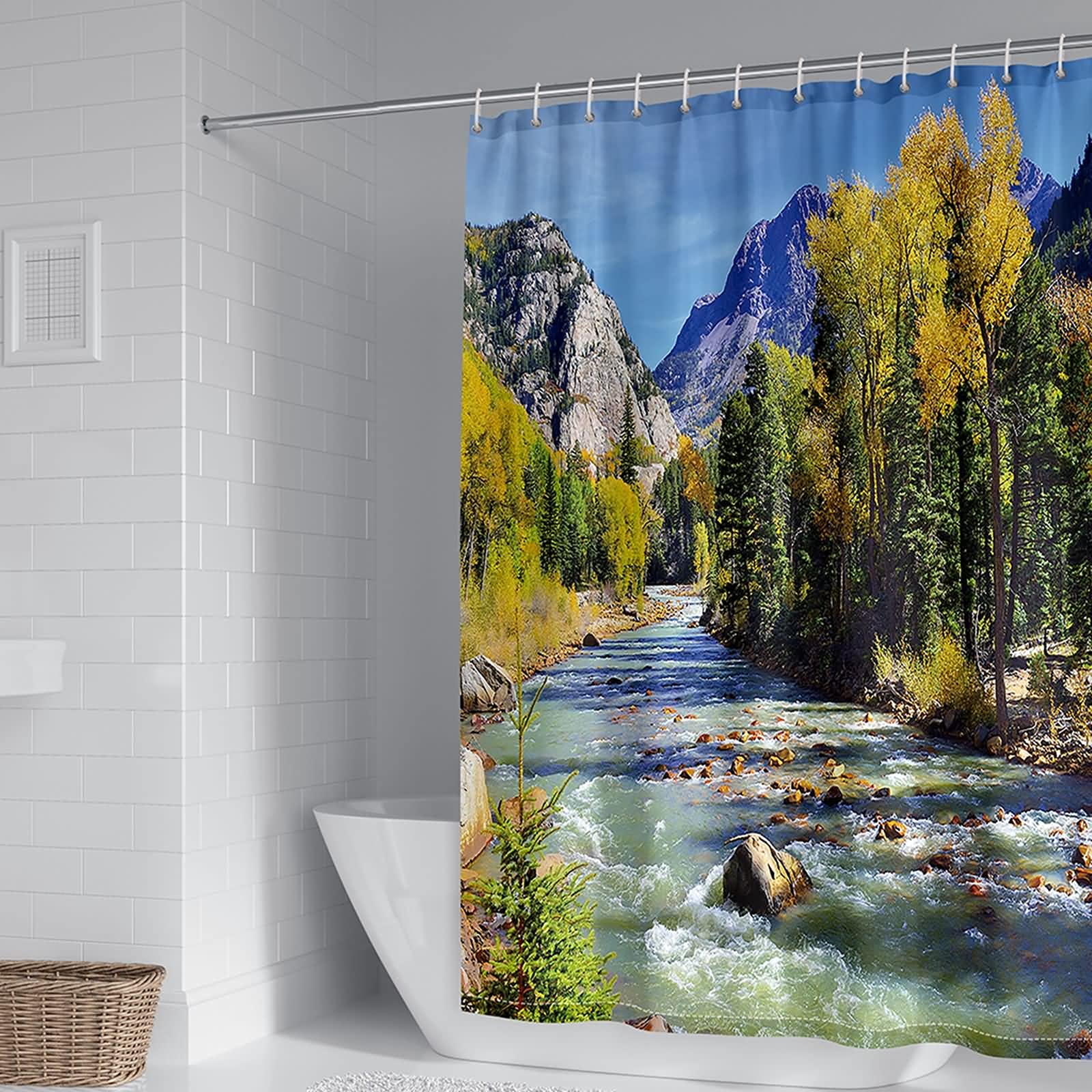 Rideau de douche polyester imperméable et lavable motif forêt ruisseau 180x200