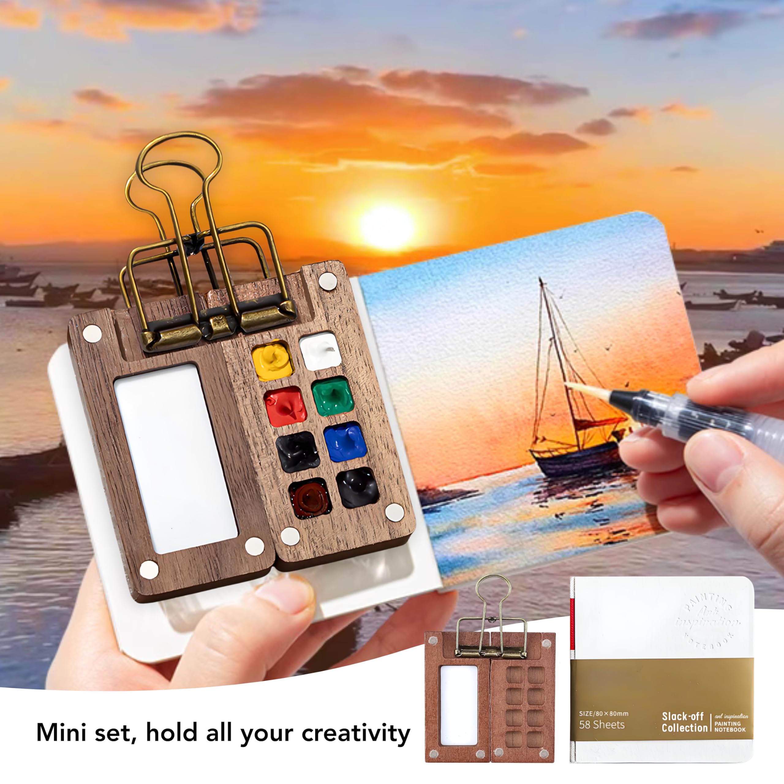 Mini Tavolozza Da Viaggio In Legno Con 8 Pozzetti E Clip – Per Acquerello E Acrilico – 6x6 Cm – Portatile Magnetica