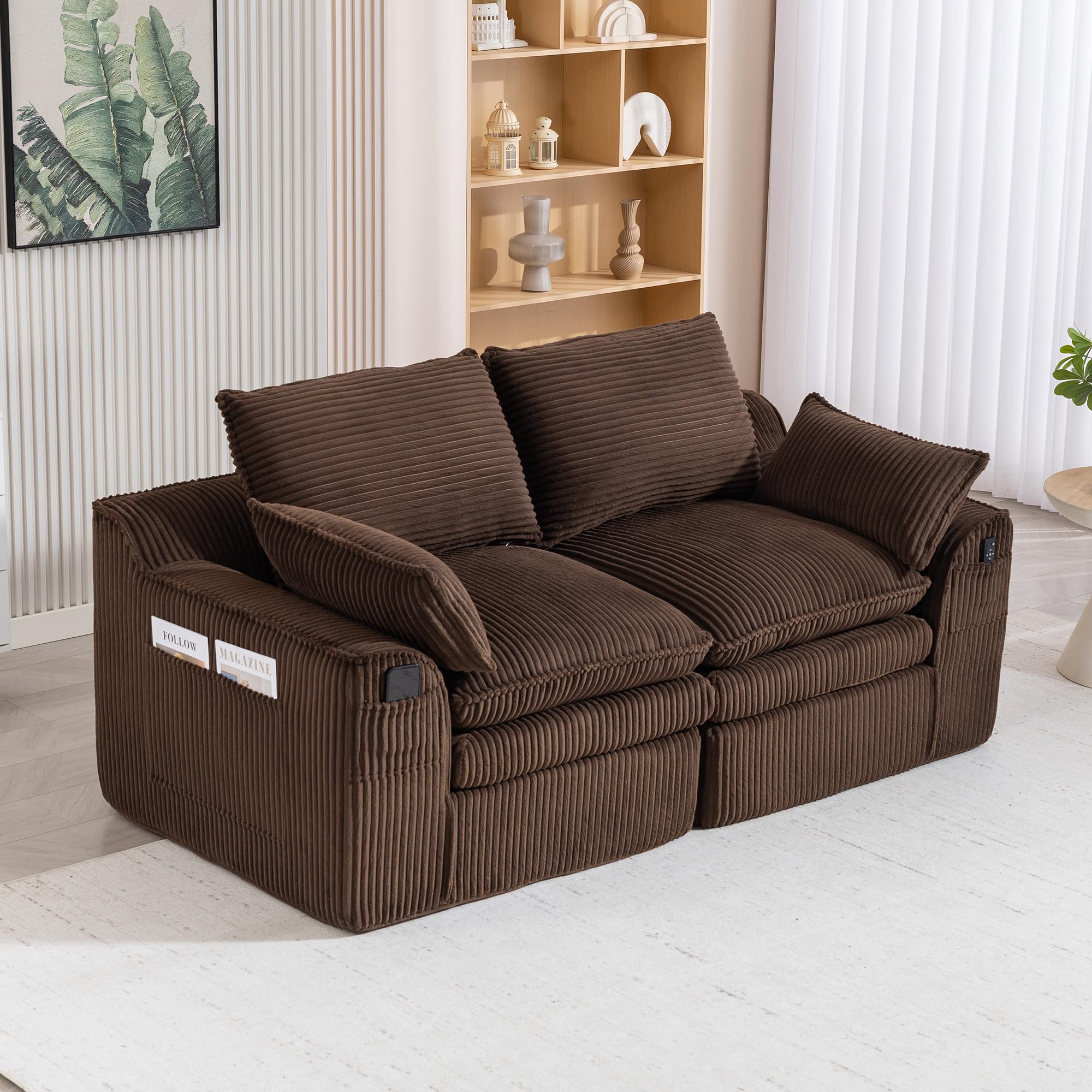 Sapgaks Canapé Moderne 2 Places,canapé rembourré au Design compressé,avec Coussin,canapé Double avec 2 Poches latérales différentes,Tissu en Velours côtelé,Convient aux Salons et Bureaux,Marron