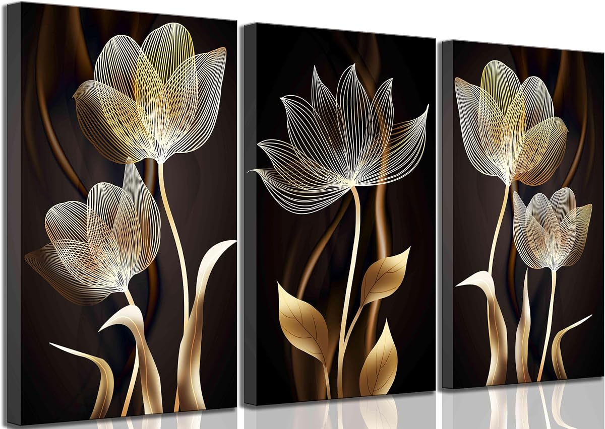 3 piezas de arte de pared en lienzo con flores marrones abstractas modernas | Imágenes minimalistas de flores doradas y negras, carteles de decoración de pared de lujo, ilustraciones impresas para decoración de sala de estar, oficina y dormitorio