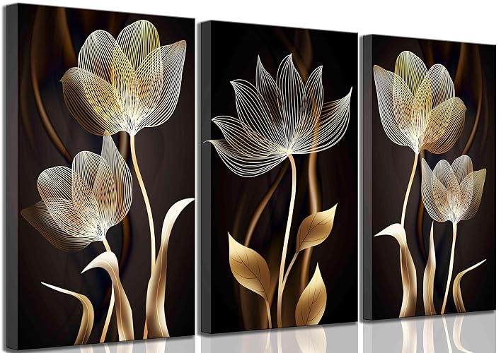 HLEOXPY 3 Pieces Modern Abstract Brown Flowers Canvas Wall Art 16x24in | Minimalism Black and Gold Floral Pictures Luxury Wall Decor Posters Print Artwork for Living Room Office Bedroom Decoration