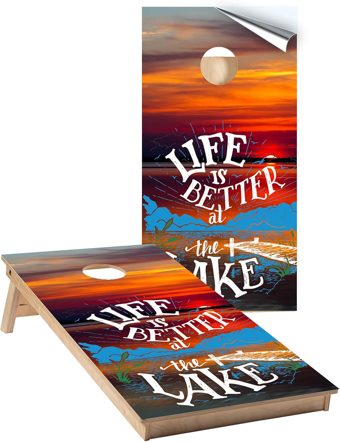 Cornhole Wraps #438 - Life is Better At The Lake Cornhole Board Graphic Decals - Includes Application Squeegee - Set of (2) 25" x 49" Wraps with Gloss Laminate