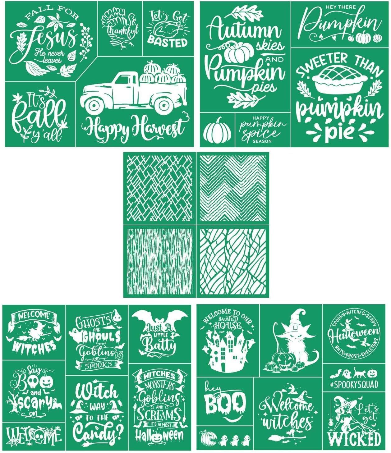 DGAGA 5PCS Pumpkin Harvest Silk Screen Stencils Reusable Halloween Self Adhesive Chalk Mesh Stencils Silkscreen Fall Pattern Stencil for Autumn Decoration, DIY Farmhouse Wood