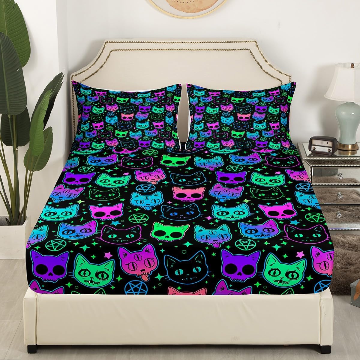 Erosebridal Halloween Cat Bed Sheets Cute Neon Cats Fitted Sheet Twin Size Glowing Kitten Skull Bedding Hippie Outer Space Bed Cover Cartoon Animal Sheets for Kids Boys Girls Bedroom