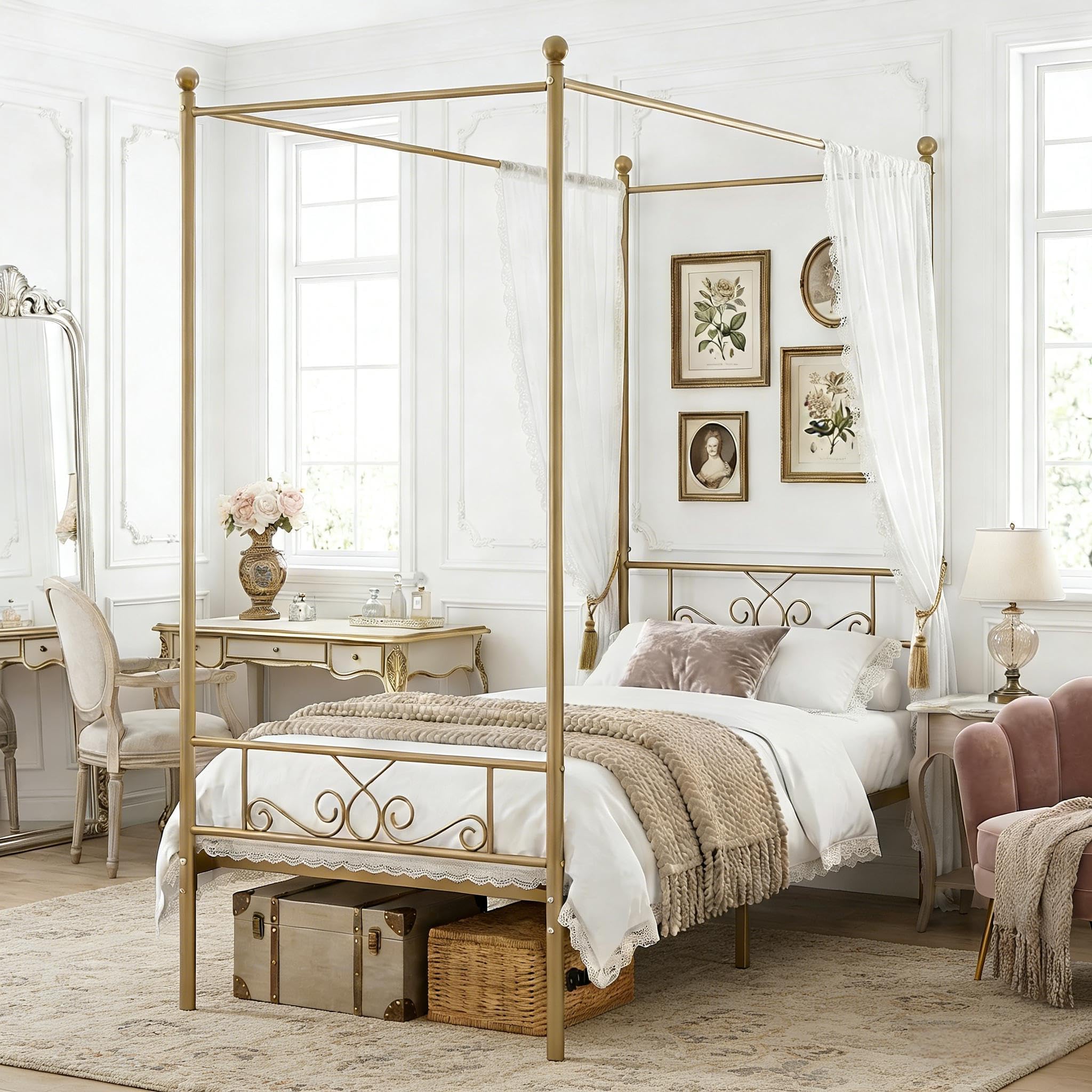 Weehom Twin Canopy Bed Frame with Headboard and Footboard, 4 Posters Metal Bed Frame, No Box Spring Needed, Mattress Foundation Platform Bed for Kids and Adults, Gold