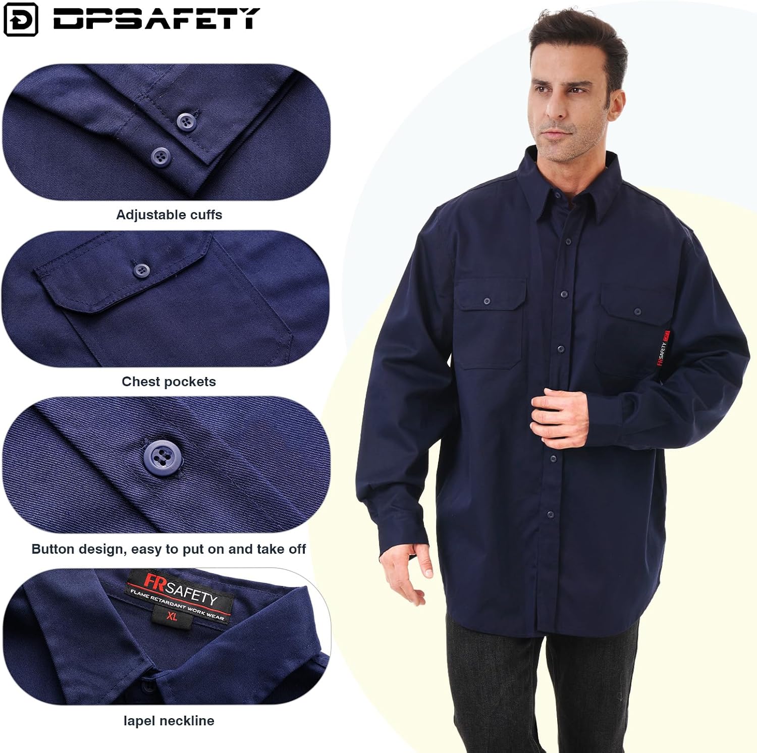 FR Shirt 7oz Fire Resistant Shirts Men's,CAT2 Welding Shirt 100% Cotton Flame Resistant Shirts Navy (2X-Large) - Image 2