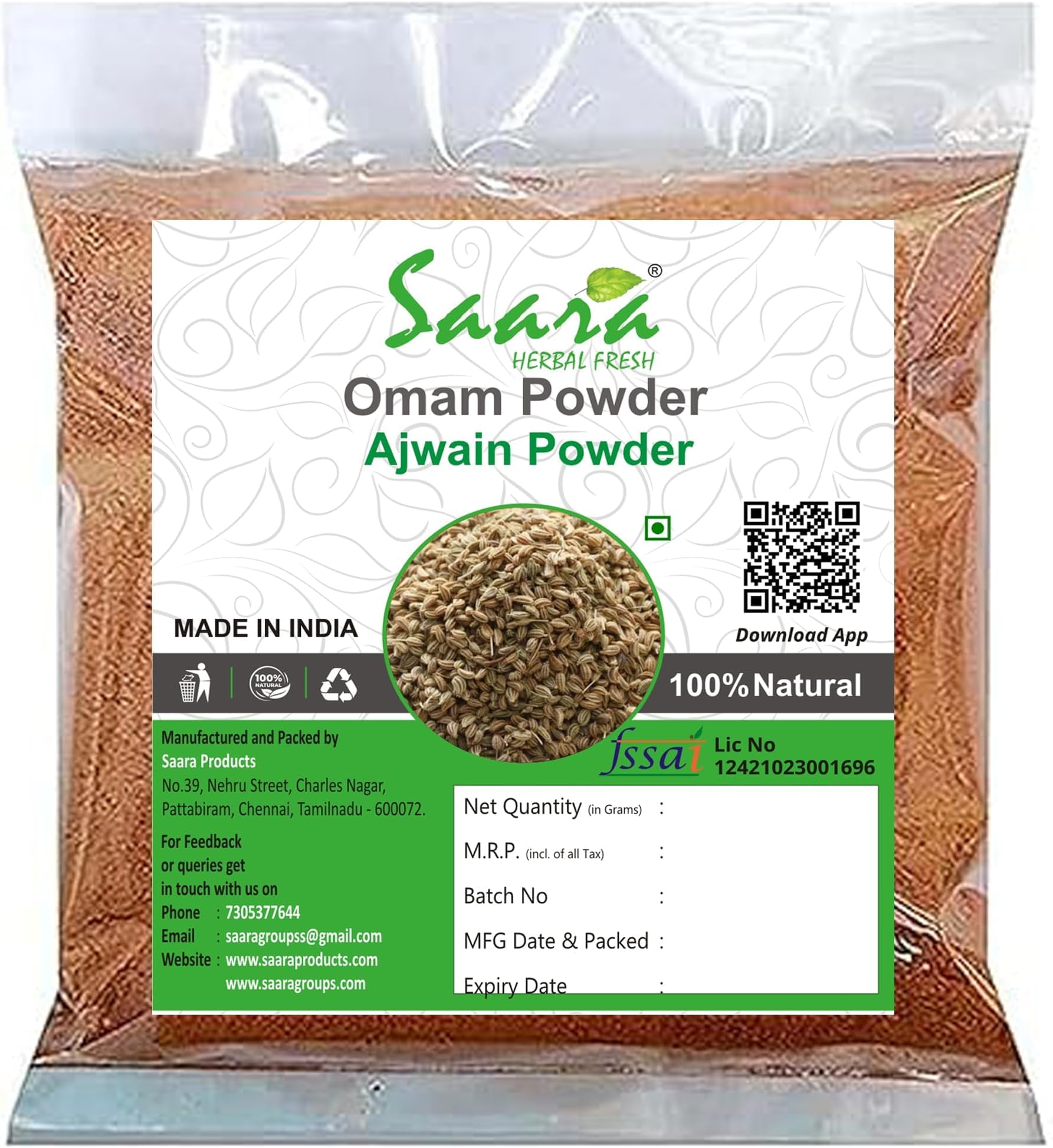 Saara HERBAL FRESH Saara Harbal Fresh Omam Powder, 100 Grams, Ajwain Carom Seed Powder, Ajowan Carway, Thymol Seed Powder (Pack Of 2)