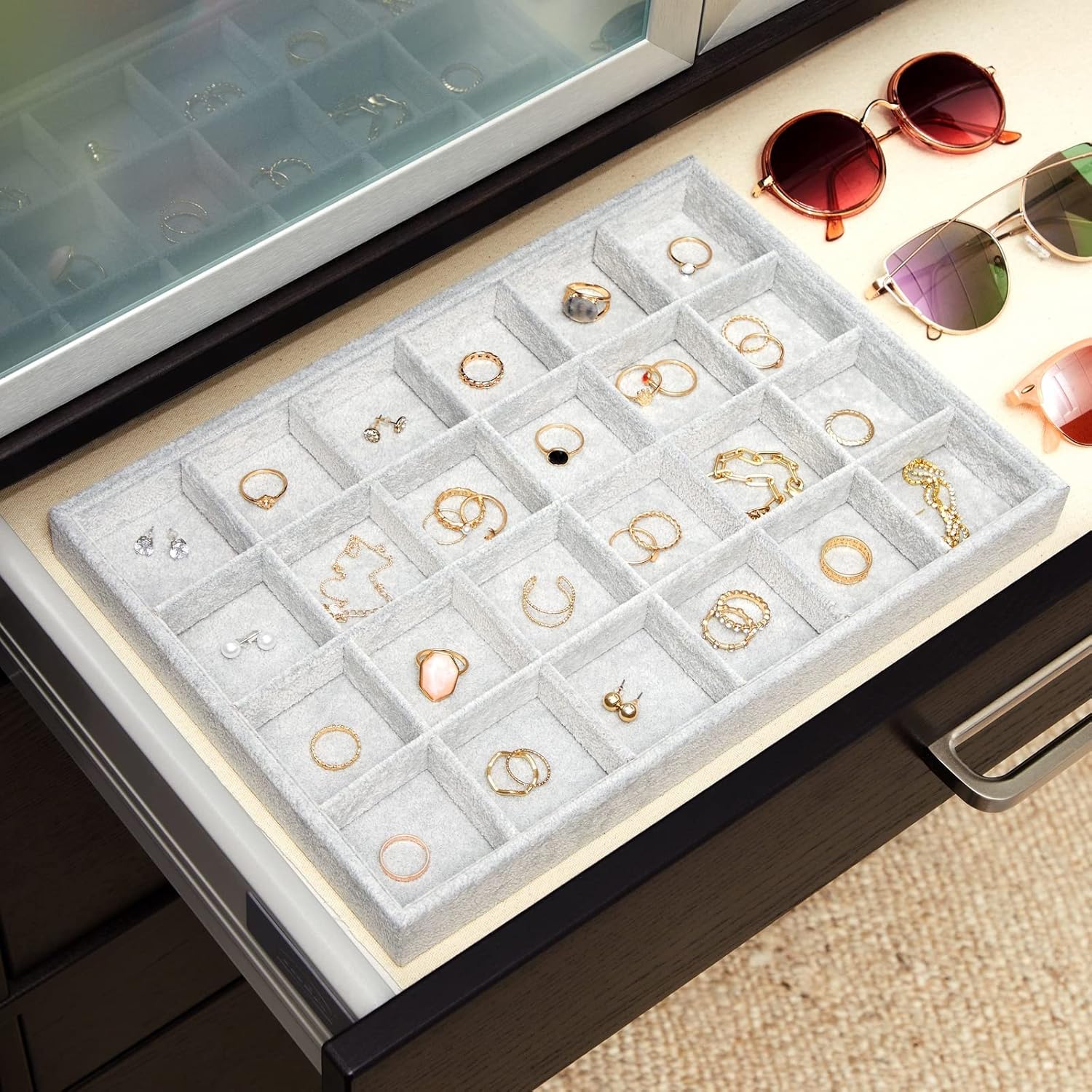 Juvale Velvet Jewelry Organizer Tray - Earring Tray Insert with 24 Compartments - Stackable Jewelry Drawer Organizer - Includes Bracelet Holder Slots - Gray, 14 x 10 in - Image 4