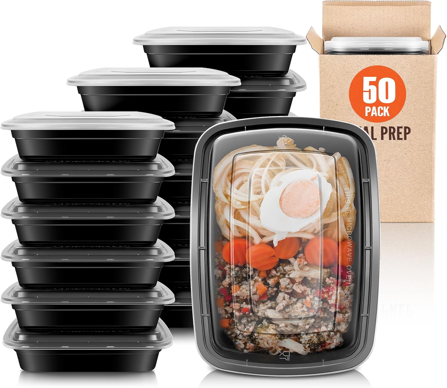 Teivio 50 Pack Plastic Bento Lunch Box with Clear Lids