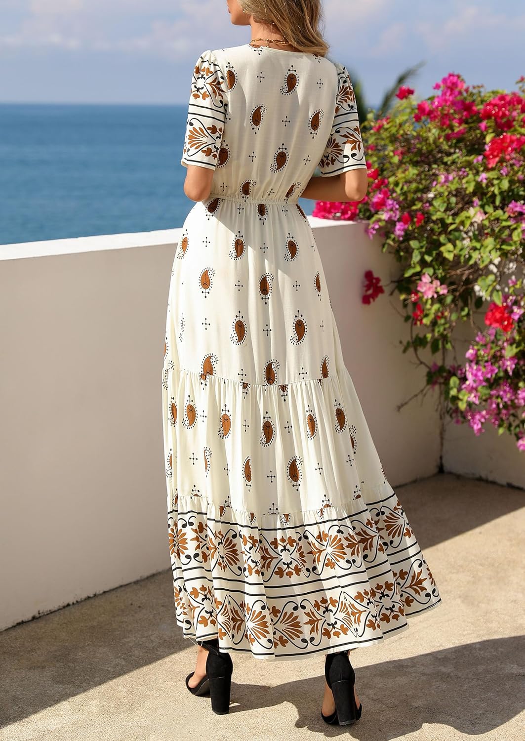 PRETTYGARDEN Womens Summer Boho Maxi Dress 2026 Trendy Short Sleeve V Neck Flowy Beach Floral Dresses with Pockets - Image 4