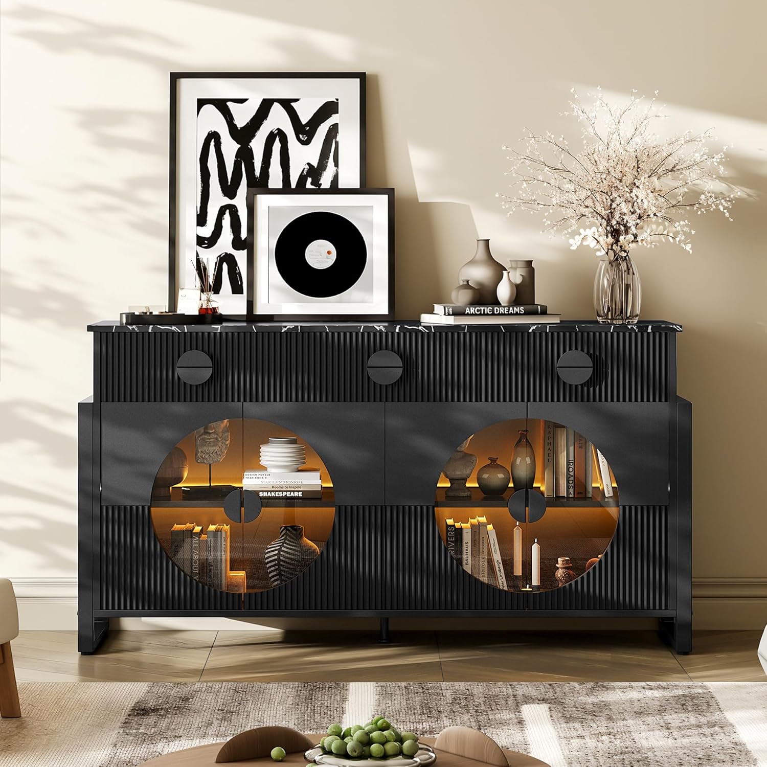 HolliWill 62" Fluted Buffet Cabinet with Storage with LED Lights, Modern Buffet Table with Circular Glass Doors, Faux Marble Top, Wine Display & Coffee Cabinet for Dining Room, Kitchen, Black