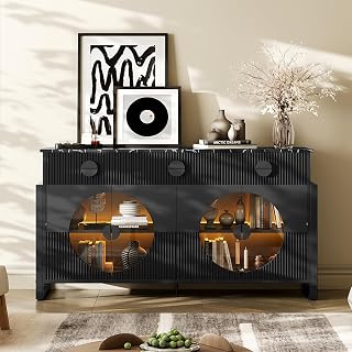 62" Fluted Sideboard Buffet Cabinet with Marble Top, Modern Buffet Table with LED Lights & 4 Glass Doors, Kitchen Buffet Cabinet with 2 Adjustable Shelves for Dining Room, Kitchen, Black
