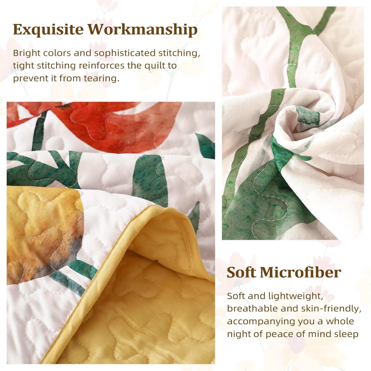 Anibedding Quilt Set Queen Size, Yellow Floral Reversible Bedspread Soft Microfiber Lightweight Queen Size Quilt Bedding Sets Reversible Coverlet for All Season(Queen, 96"x90") - Image 5