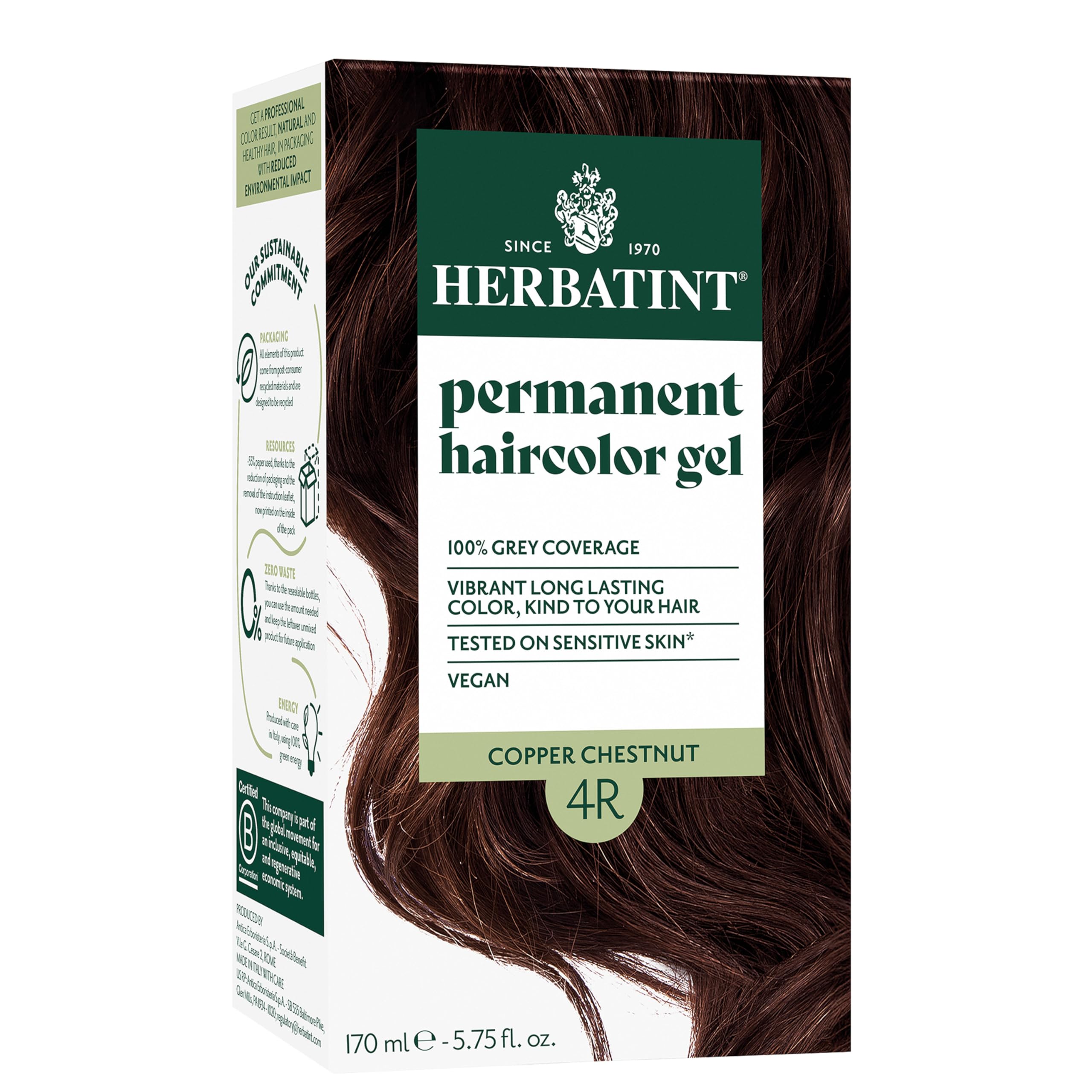 Herbatint Herbatint, Permanent Haircolor Gel, 4R, Copper Chestnut, 4.56 fl oz -135 ml