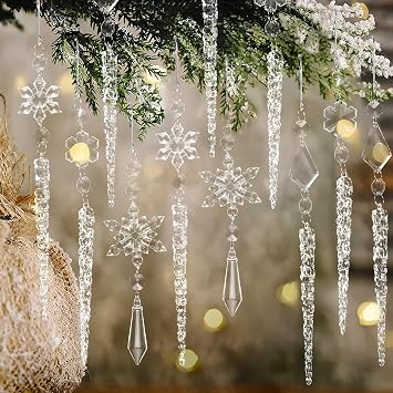 12pcs Christmas Tree Crystal Decorations - Hanging Acrylic Christmas Snowflake Icicle Drop Crystal Ornaments for Xmas Tree Winter New Year Party Supplies Transparent