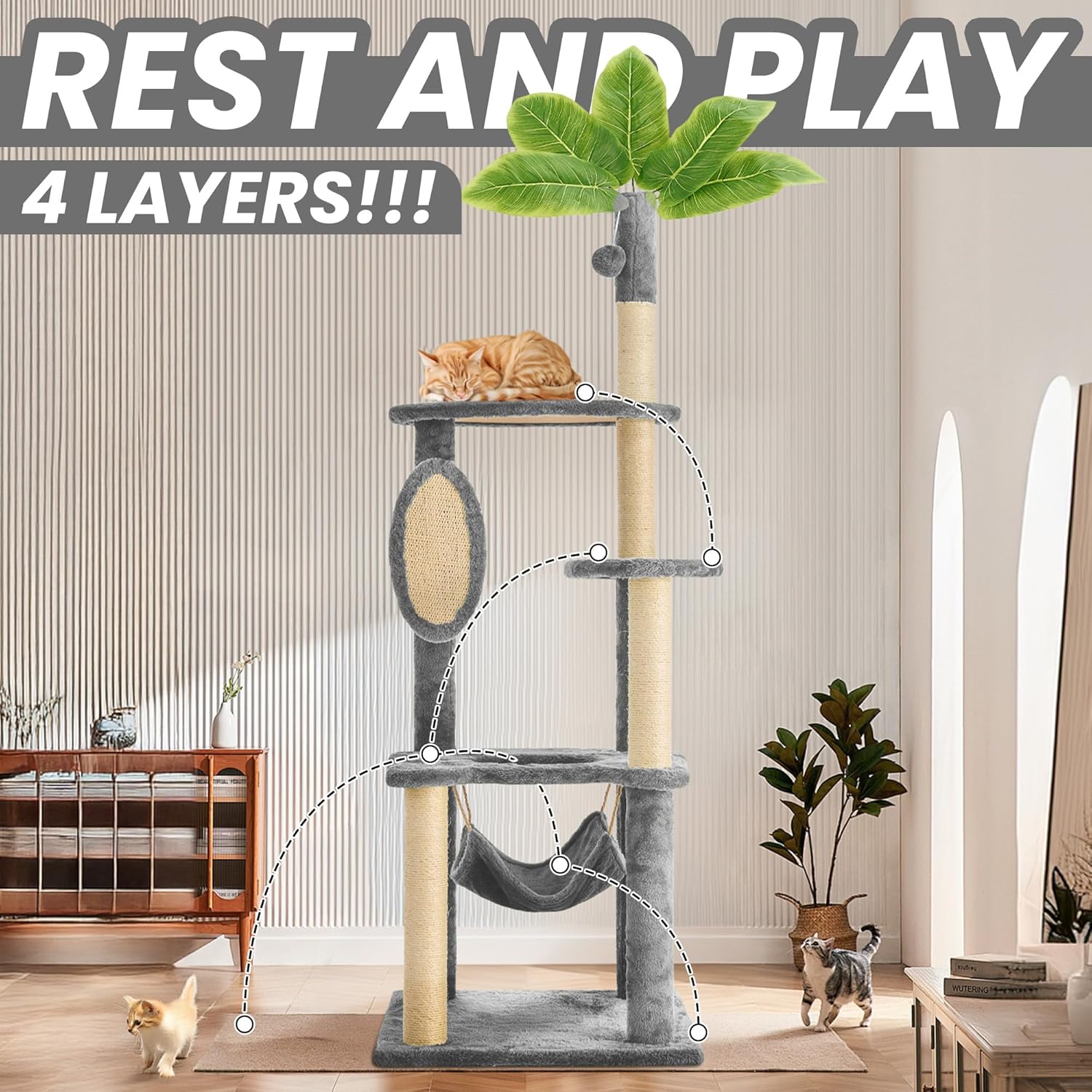 55 Inch Large Cat Tree Tower for Indoor Cats with Hammock Green Leaves Sisal Scratching Post, Plush Hang Ball Play Furniture for Kittens & Adult Cats,Grey