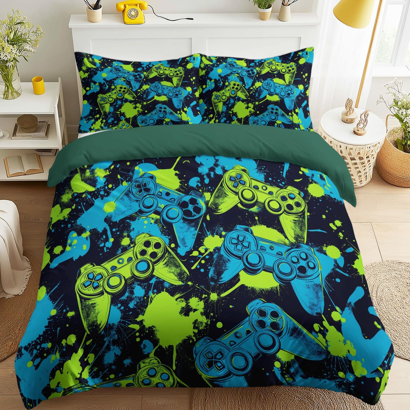 Parure de lit 140x190 cm housse couette vert olive design néon punk ado