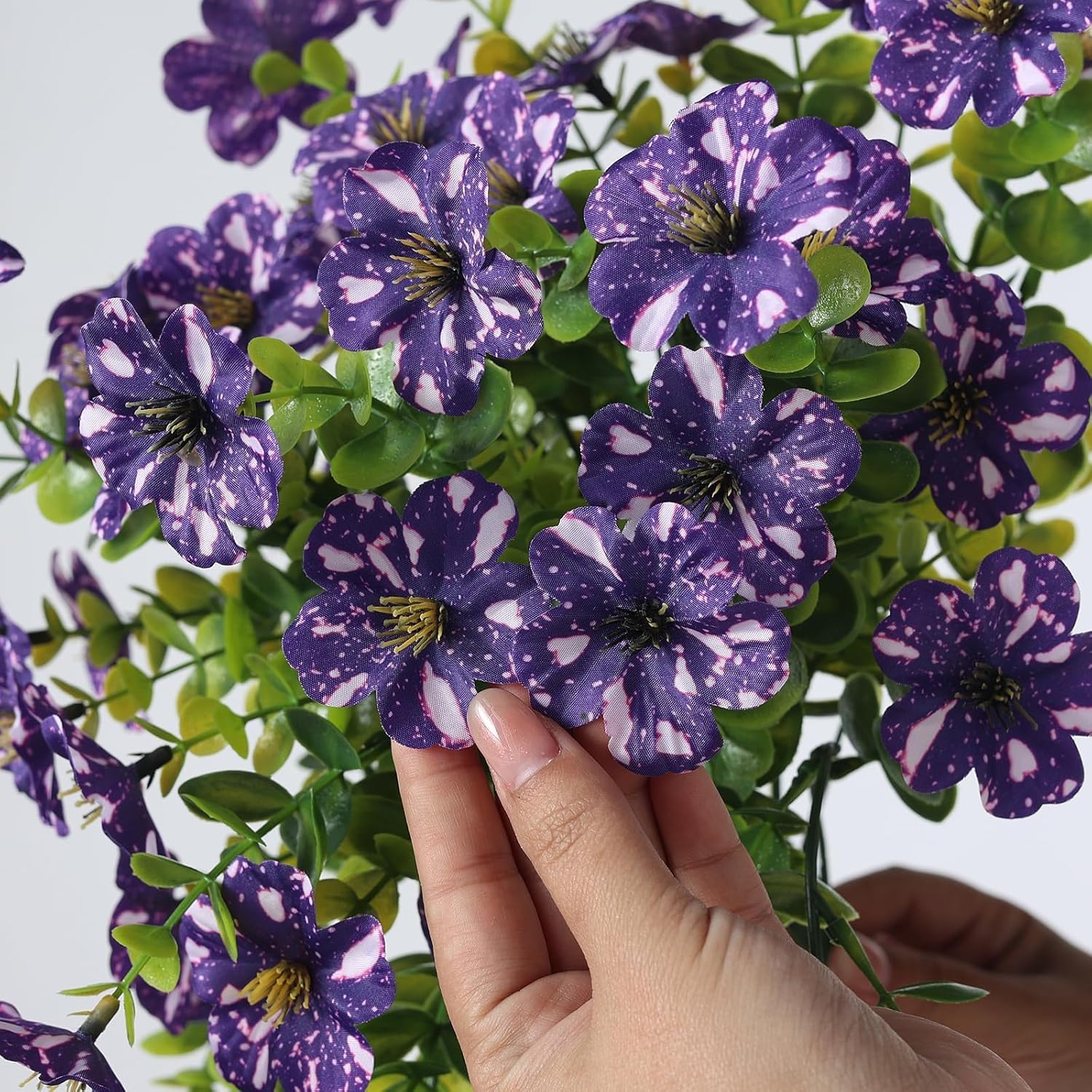 GLIDLION 8 PCS Artificial Morning Glory & Eucalyptus for Outside, Realistic Sun Resistant Fake Silk Hang Flower Faux Eucalyptus Leave for Patio Farmhouse Garden Porches Balcony Decor (Purple)