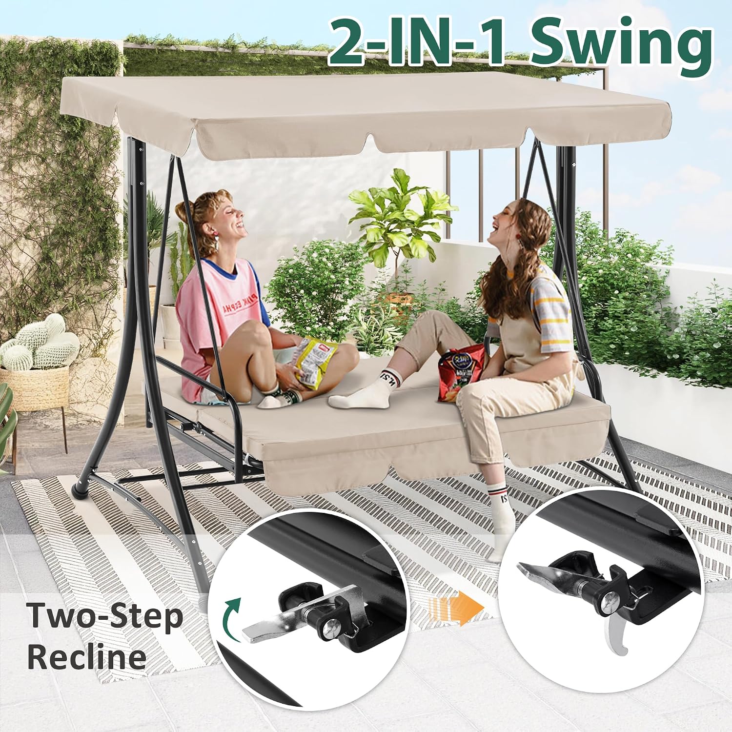 MCombo 3 Seat Patio Swings with Weather Resistant Steel Frame Adjustable Canopy, Reclining Outdoor Porch Swing with Cushion for Backyard, Porch Lawn, Poolside, Balcony 4089 (Beige)