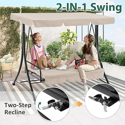 Miniatura 6 de MCombo Columpios de patio de 3 asientos con marco de acero resistente a la intemperie, toldo ajustable, columpio reclinable para porche al aire