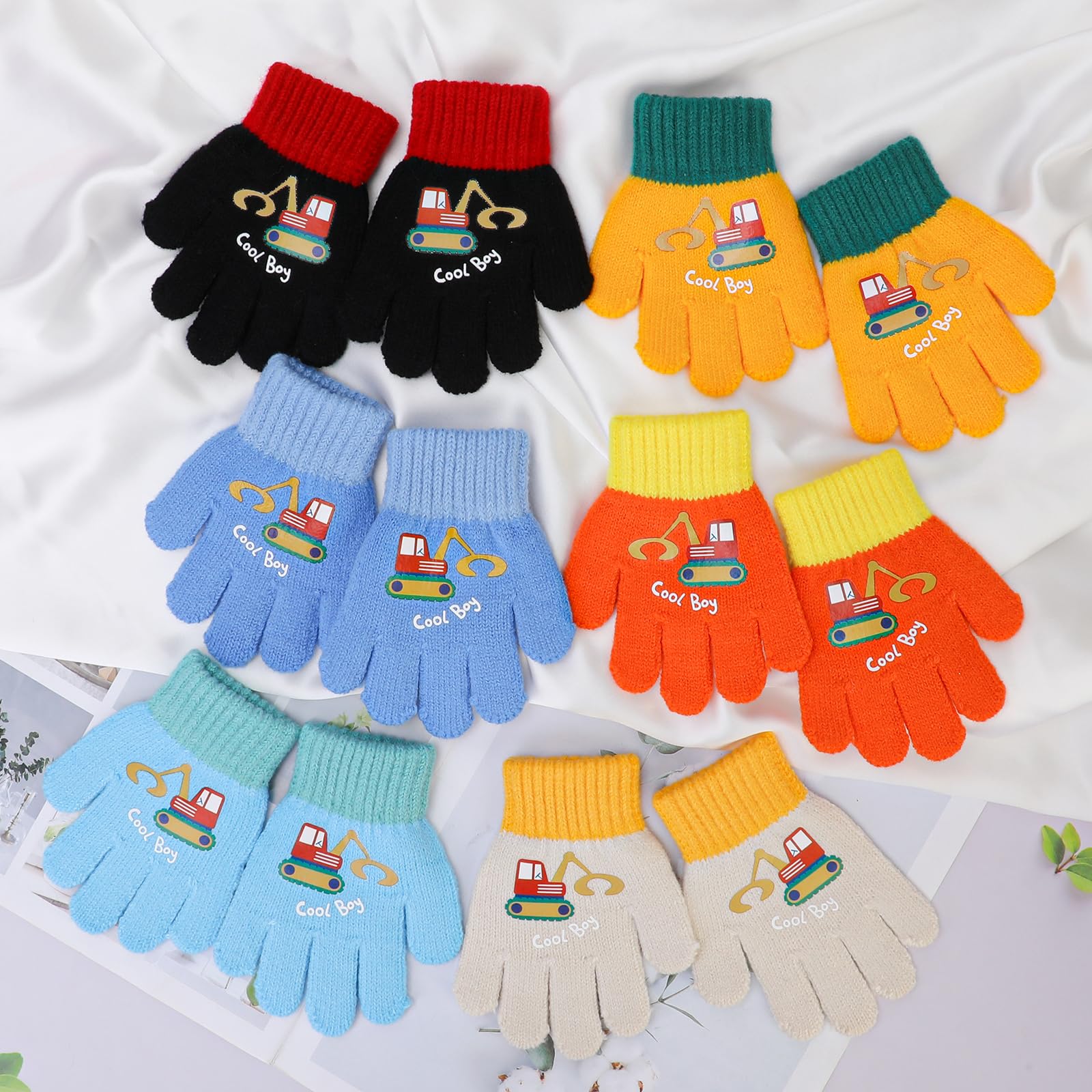 QKURT 6 Paia Guanti Lavorati a Maglia per Bambini, Invernali Anti-Freddo Elasticizzati Unisex con Dita Intere, Modello Escavatore per Ragazze Ragazzi di 2-4 Anni