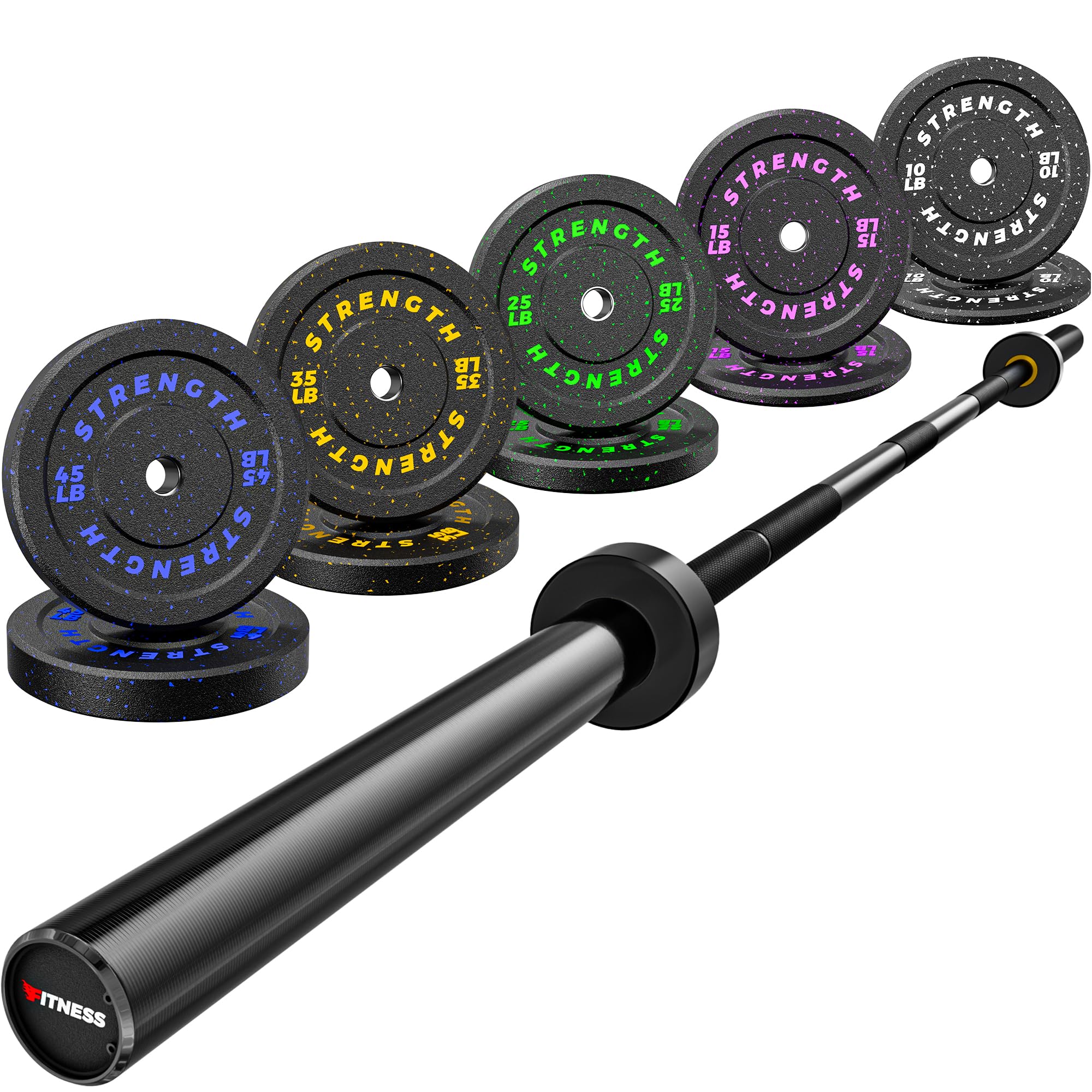 2-Inch Bumper Plates, Barbell Rubber Olympic Weight Plates Set for Home Gym Strength Training, 20-260lbs, Multiple Options (260LB Plate Set & Black 7FT Weight Bar)