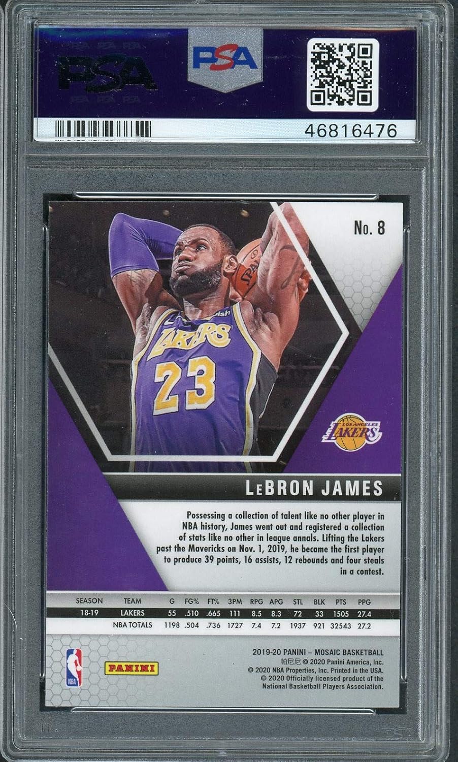 LeBron James 2019 Basketball Card #8 Graded PSA 10 (Cert# 46816476)