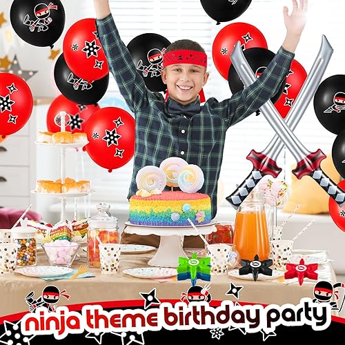 Miniatura 5 de Deekin 48 piezas de recuerdos de fiesta de karate ninja incluyen espada inflable que lanza espada de espuma, juguetes de estrella de karate, diadema