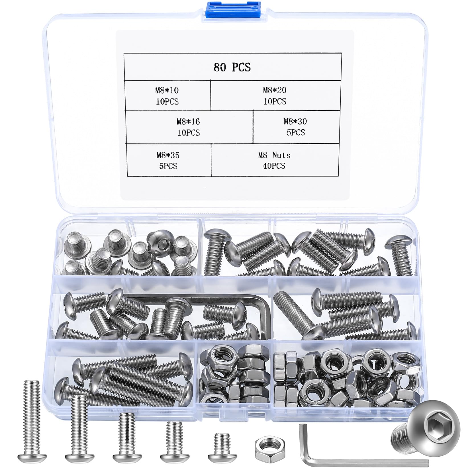 80-teiliges M8-Schrauben-Set, Innensechskantschrauben, Schrauben und Muttern, M8-Muttern und Bolzen-Set, Edelstahl-Rundkopf-Maschinenschrauben, Flachkopf-Möbelschrauben, Fahrradschrauben-Set