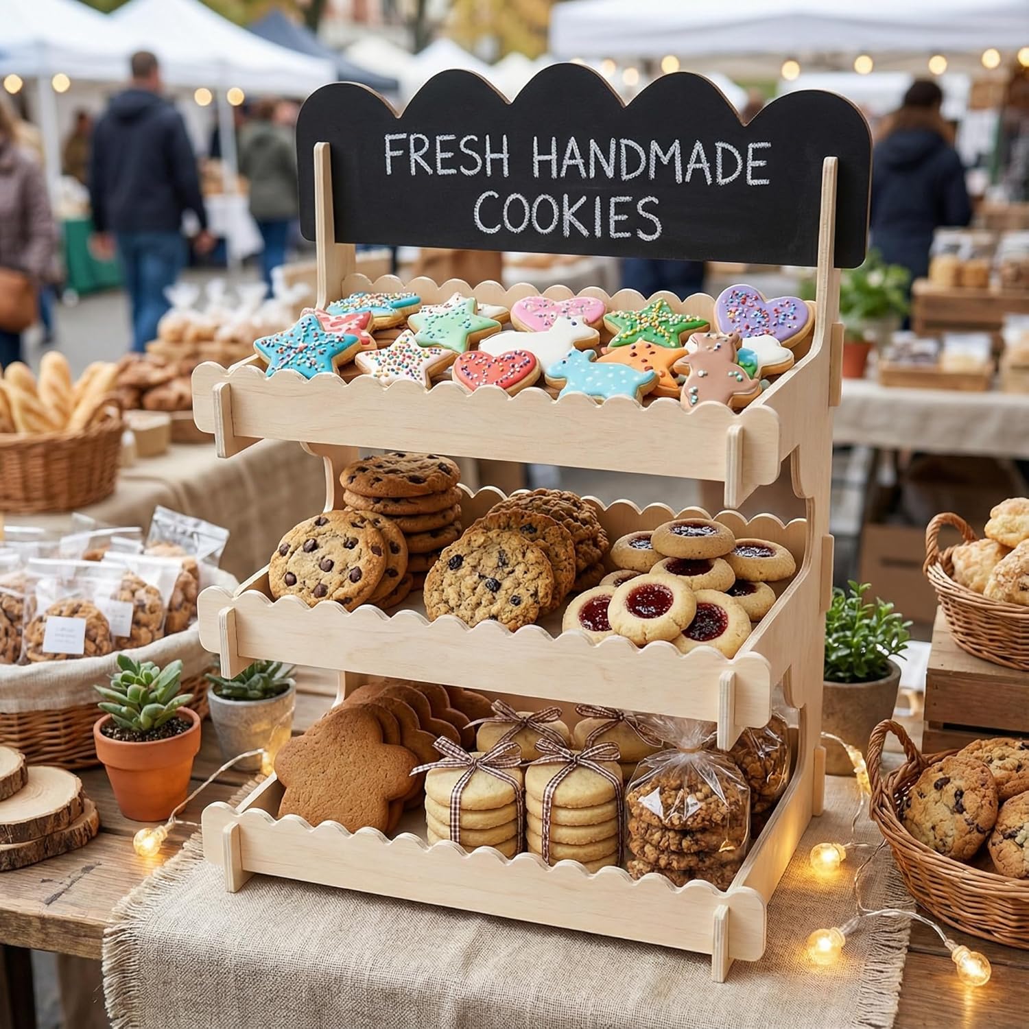 Cookie Display Stand - Wooden Tiered Display Stand with Chalkboard Sign for Vendor Events, Craft Fairs, Bakery & Market - Baked Goods Display for Cookies, Cupcakes, Muffins & Pastries, Easy No-Tool Assembly