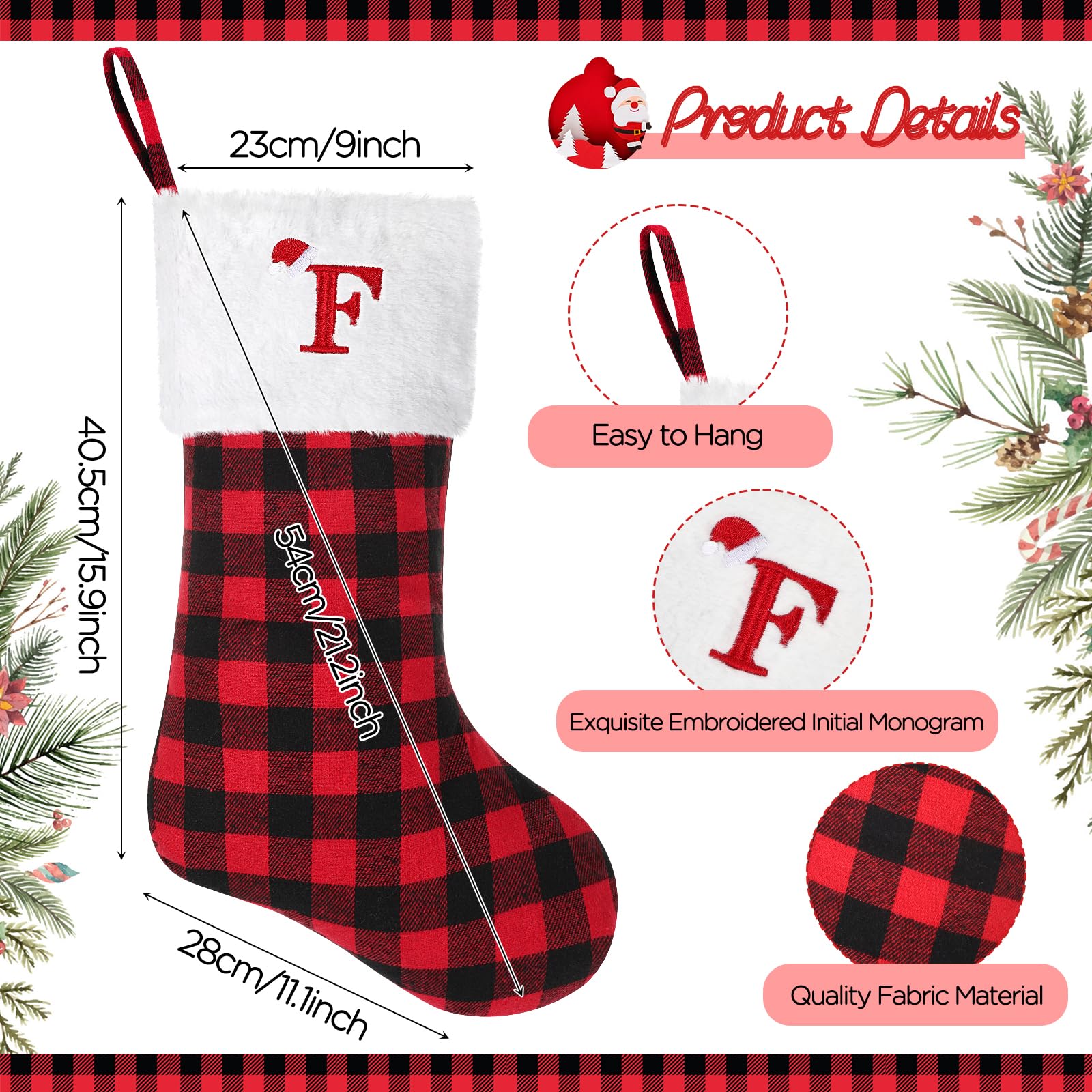 Large Personalized Christmas Stocking - Red Black Buffalo Plaid With Embroidered Initial (Letter A)